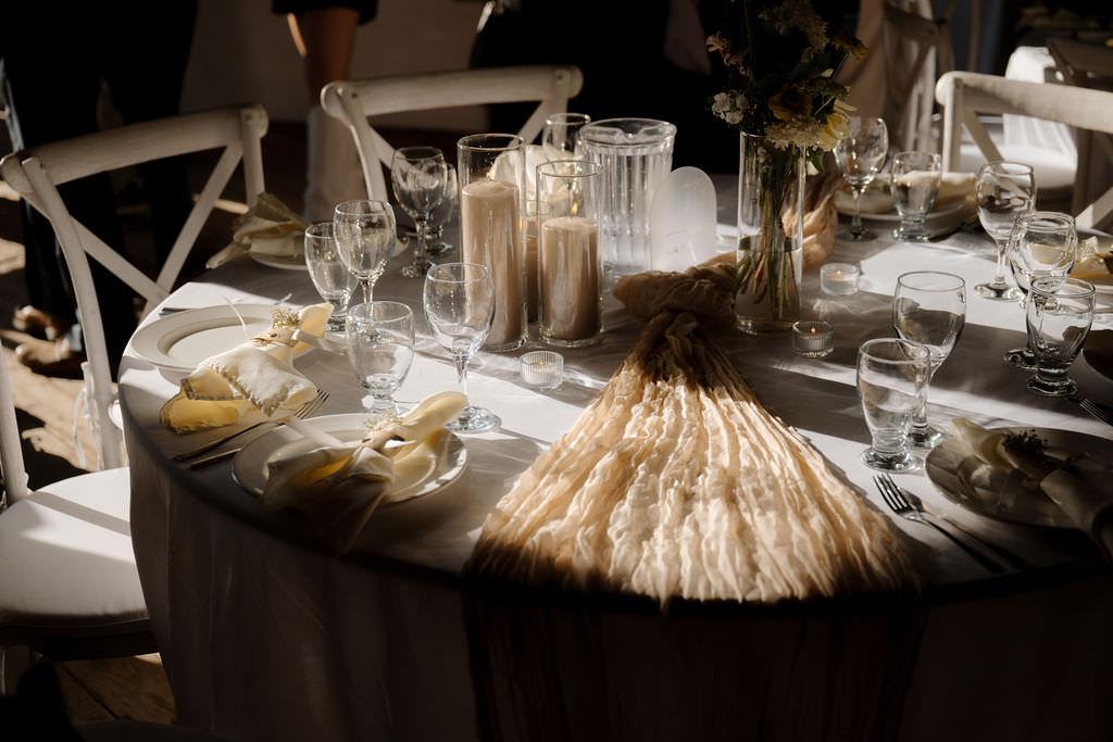 Moody wedding table setting at Clover Barn in East Stewiacke, NS