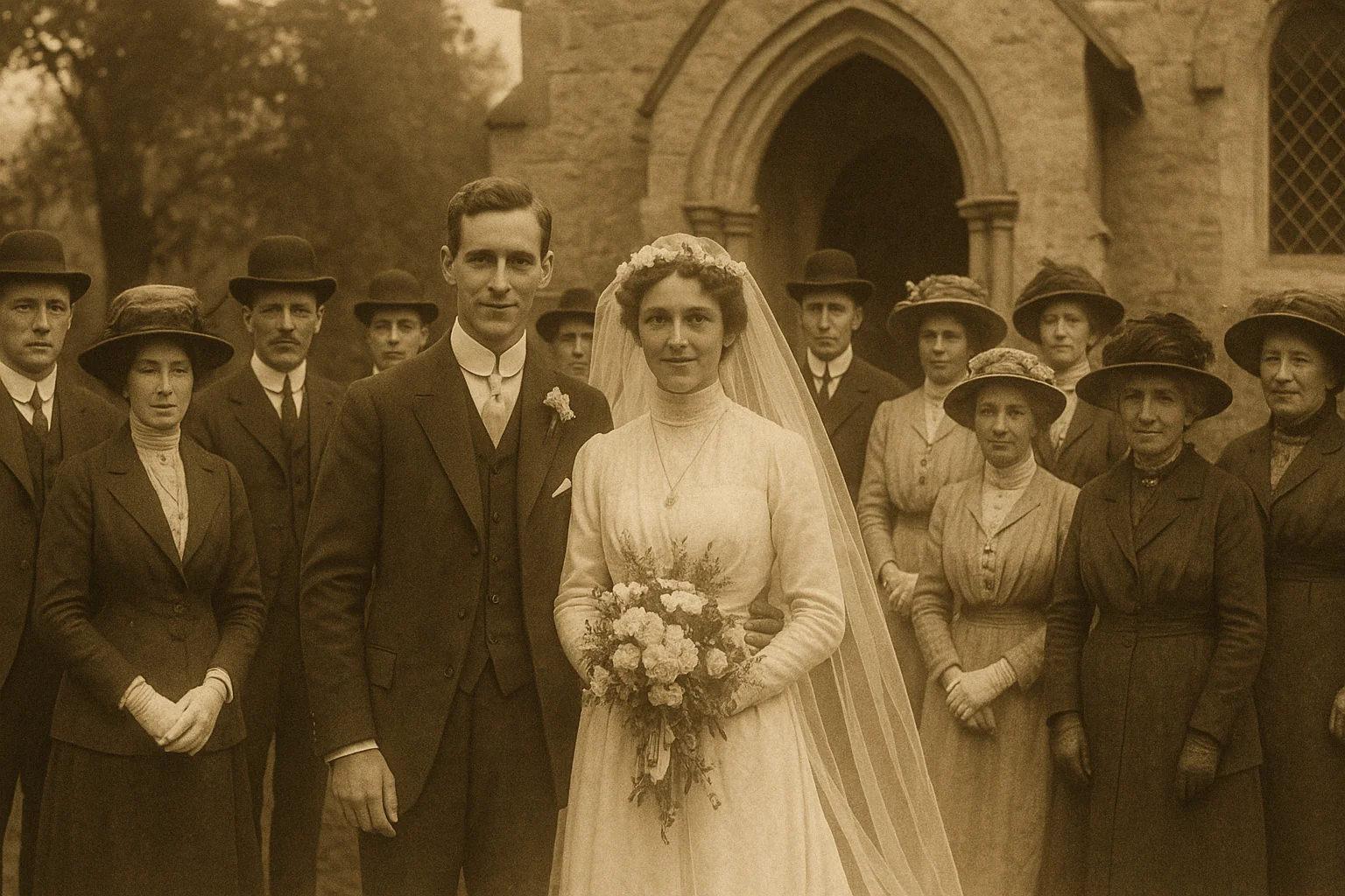 History of wedding photography, A sepia-toned 1910s outdoor wedding photograph of a newlywed couple surrounded by family, wearing Edwardian fashion, women in hats and gloves, men in suits, standing in front of a church, subtle film grain, early Kodak style