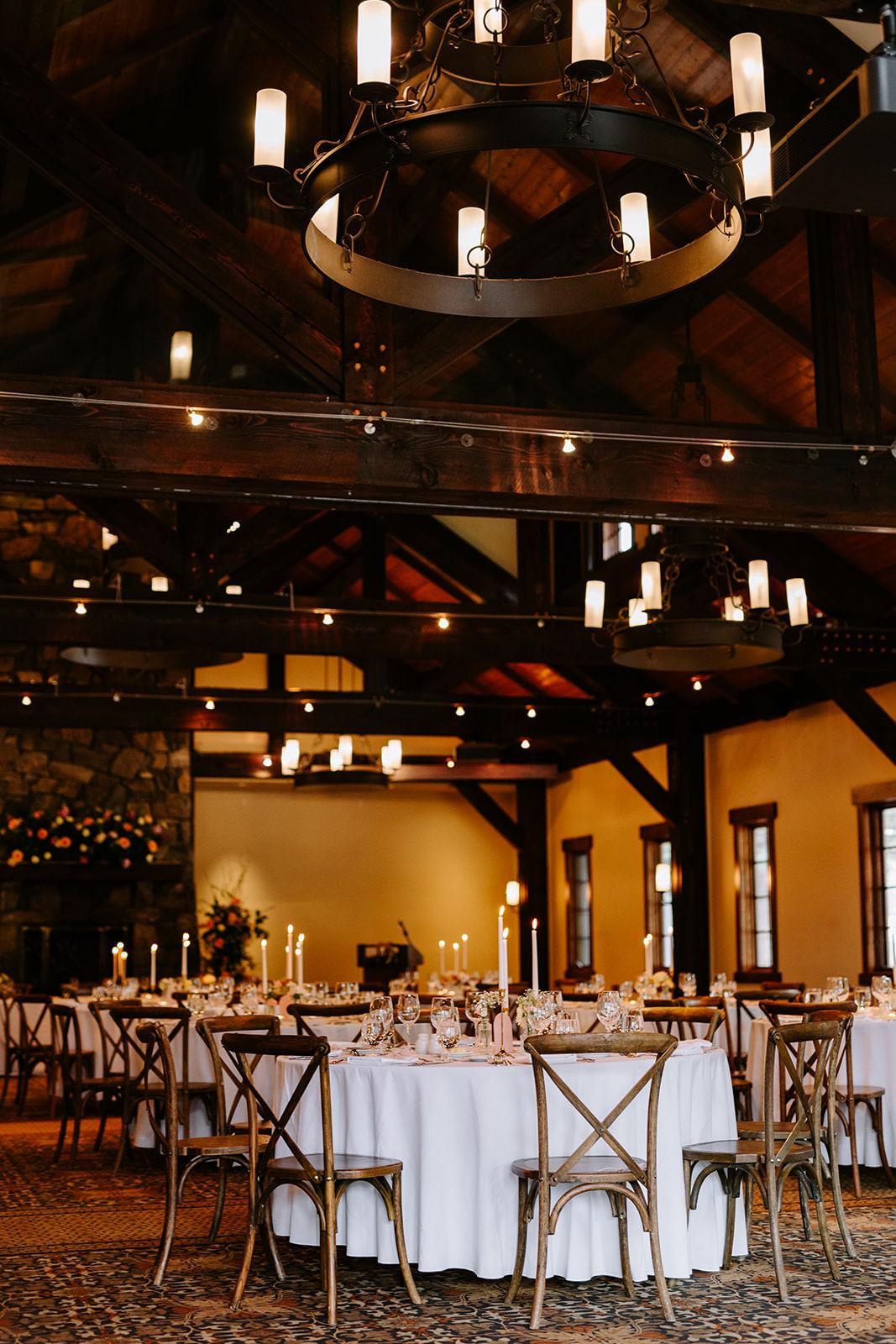 Rustic mountain wedding reception at Silvertip Pavilion