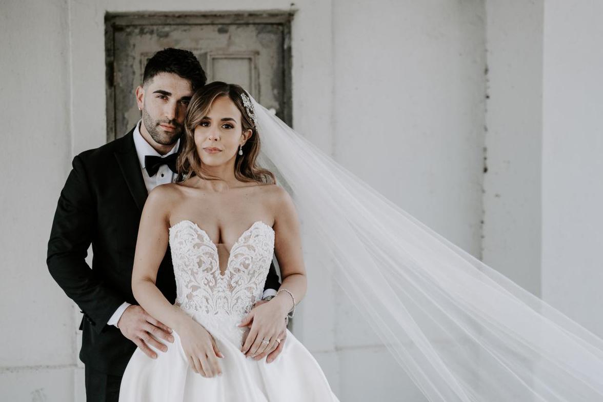 Portrait of bride and groom on wedding day