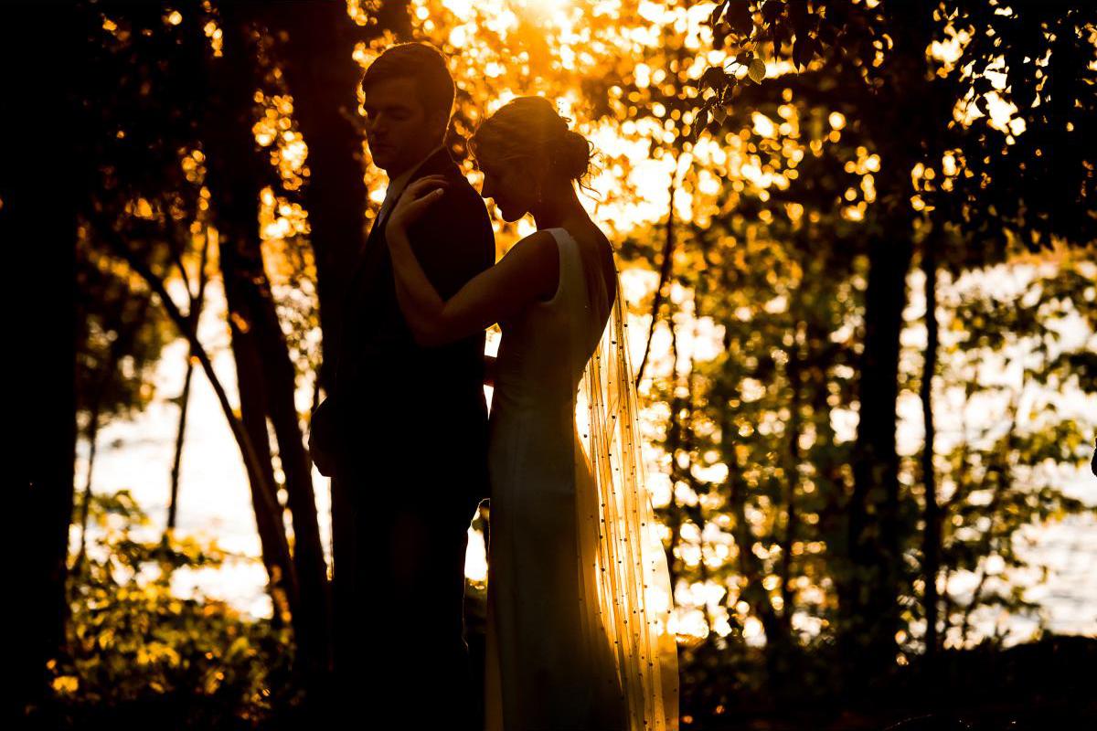 Silhouette of couple against a sunset in a forest