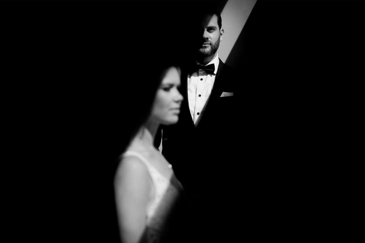 Black and white portrait of wedding couple