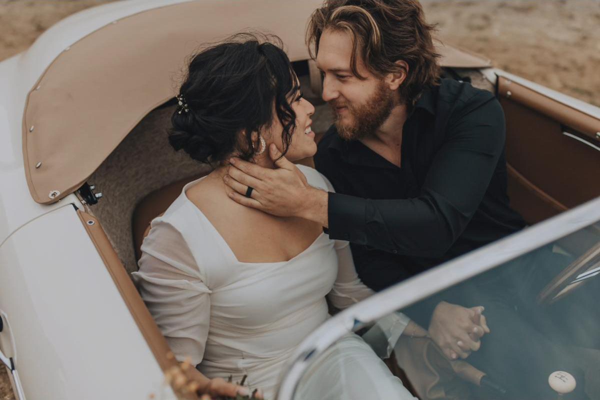 Bride and Groom in classic car, kelowna