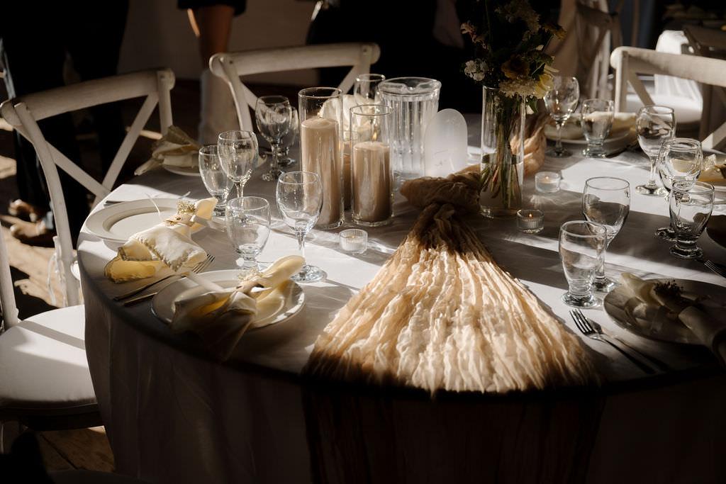 Moody wedding table setting at Clover Barn in East Stewiacke, NS