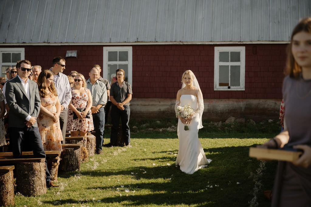 Bride walking down the aisle at CloverBarn wedding venue nova scotia